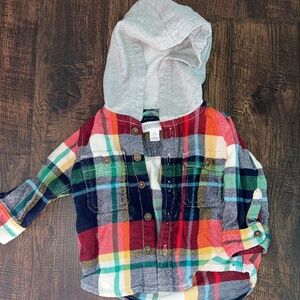 Gymboree, plaid button down shirt with hood
